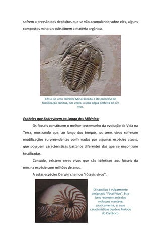 sofrem a pressão dos depósitos que se vão acumulando sobre eles, alguns
compostos minerais substituem a matéria orgânica.




                  Fóssil de uma Trilobite Mineralizada. Este processo de
                fossilização conduz, por vezes, a uma cópia perfeita do ser
                                           vivo.


Espécies que Sobrevivem ao Longo dos Milénios:
      Os fósseis constituem o melhor testemunho da evolução da Vida na
Terra, mostrando que, ao longo dos tempos, os seres vivos sofreram
modificações surpreendentes confirmadas por algumas espécies atuais,
que possuem características bastante diferentes das que se encontram
fossilizadas.
      Contudo, existem seres vivos que são idênticos aos fósseis da
mesma espécie com milhões de anos.
      A estas espécies Darwin chamou “fósseis vivos”.


                                                      O Nautilius é vulgarmente
                                                     designado ”Fóssil Vivo”. Este
                                                        belo representante dos
                                                          moluscos manteve,
                                                         praticamente, as suas
                                                    características desde o Período
                                                             do Cretácico.
 