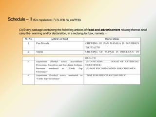 Schedule – II (See regulations 7 (1), 8(4) (a) and 9(4))
(3) Every package containing the following articles of food and advertisement relating thereto shall
carry the warning and/or declaration, in a rectangular box, namely, -
 