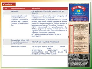 S. No. Ingredients/additives Declarations
1 Pan Masala CHEWING OF PAN MASALA IS INJURIOUS TO
HEALTH
2 Aspartame (Methyl ester),
Acesulfame Potassium,
Aspartame-Acesulfame salt,
Sucralose, SACCHARINS,
Neotame, Steviol Glycoside
Etc.
(i)Contains........... (Name of sweetener with purity and
weight percent of marker compound)
(ii)Not recommended for phenylketonurics; for children
suffering from seizure disorders; pregnant or lactating
women (iii) Not recommended for children; pregnant or
lactating women (in case of Acesulfame Potassium)
(iv)Not recommended for phenylketonurics; for
children; pregnant or lactating women (in case of
Aspartame-Acesulfame salt or admixture/combination of
Aspartame & Acesulfame Potassium).
(v) Not recommended for children” (in case of
SACCHARINS
3 Every package of food which
is permitted to contain non-
caloric sweetener
CONTAIN NON-CALORIC SWEETENER
4 Monosodium Glutamate This package of (name of the food) ............... contains
added
MONOSODIUM GLUTAMATE NOT
RECOMMENDED FOR INFANTS BELOW -12
MONTHS AND PREGNANT WOMEN
Continue…
 