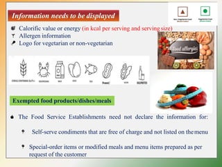 Information needs to be displayed
Calorific value or energy (in kcal per serving and servingsize)
Allergen information
Logo for vegetarian or non-vegetarian
Exempted food products/dishes/meals
The Food Service Establishments need not declare the information for:
Self-serve condiments that are free of charge and not listed on themenu
Special-order items or modified meals and menu items prepared as per
request of the customer
 