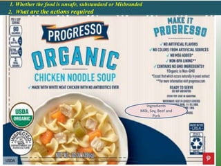 1. Whether the food is unsafe, substandard or Misbranded
2. What are the actions required
Ingredients
Milk, Soy, Beef and
Pork
 
