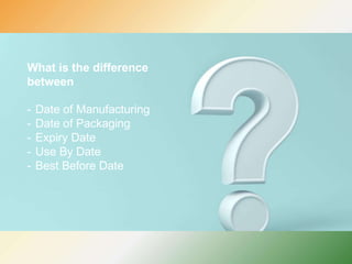 202
1
What is the difference
between
- Date of Manufacturing
- Date of Packaging
- Expiry Date
- Use By Date
- Best Before Date
 
