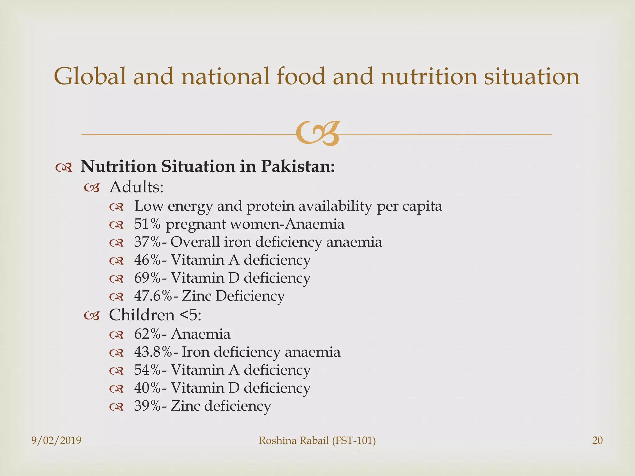 
 Nutrition Situation in Pakistan:
 Adults:
 Low energy and protein availability per capita
 51% pregnant women-Anaemia
 37%- Overall iron deficiency anaemia
 46%- Vitamin A deficiency
 69%- Vitamin D deficiency
 47.6%- Zinc Deficiency
 Children <5:
 62%- Anaemia
 43.8%- Iron deficiency anaemia
 54%- Vitamin A deficiency
 40%- Vitamin D deficiency
 39%- Zinc deficiency
9/02/2019 Roshina Rabail (FST-101) 20
Global and national food and nutrition situation
 