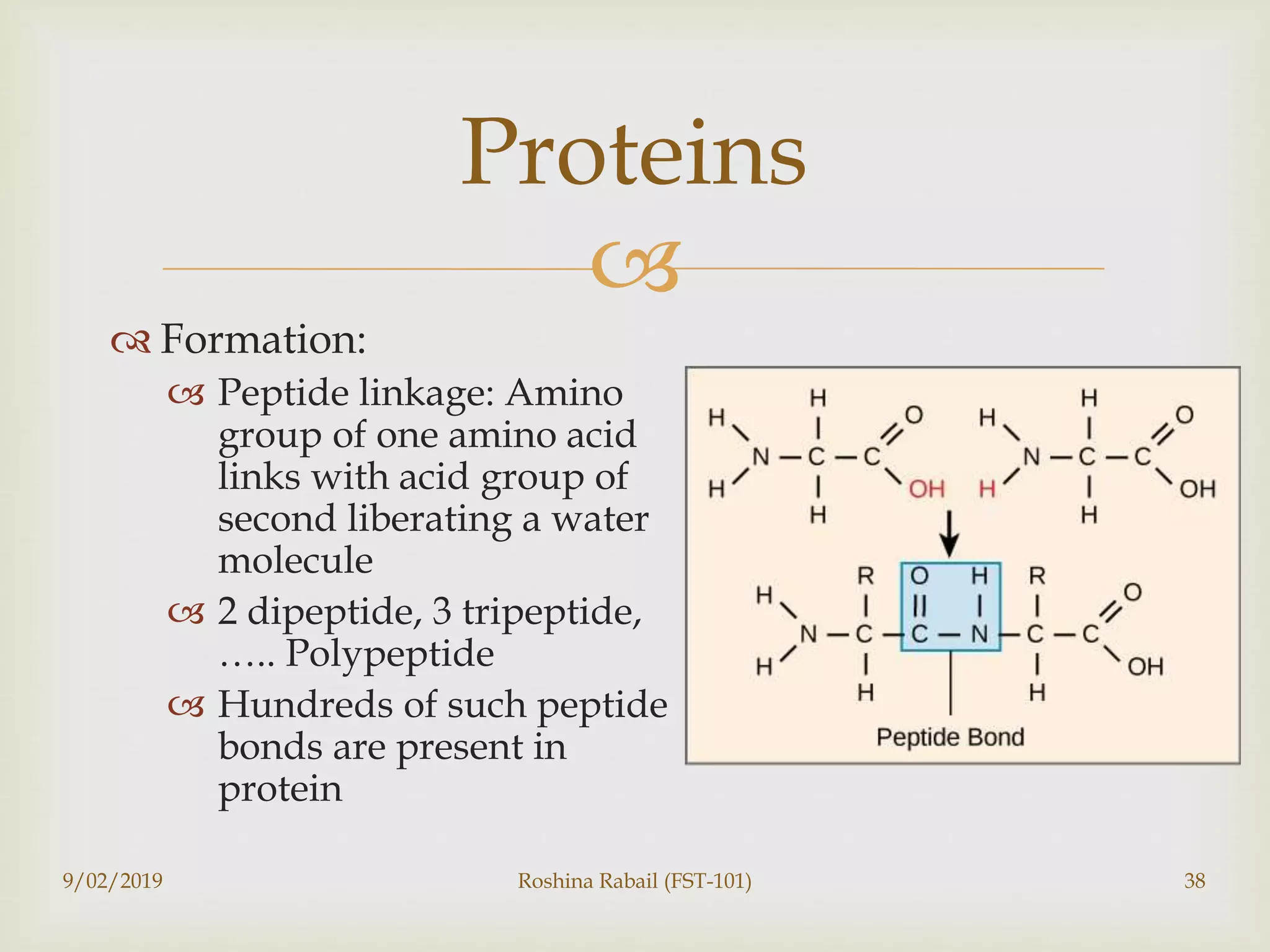 
 Formation:
 Peptide linkage: Amino
group of one amino acid
links with acid group of
second liberating a water
molecule
 2 dipeptide, 3 tripeptide,
….. Polypeptide
 Hundreds of such peptide
bonds are present in
protein
9/02/2019 Roshina Rabail (FST-101) 38
Proteins
 
