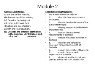 Module 2
General Objective(s)
At the end of this Module,
the learner should be able to;
(a) Describe the biology of
microbes in terms of their
structure and classification,
growth and reproduction.
(a) Describe the different techniques
in the isolation, identification, and
culture of microbes.
Specific Learning Objectives
• the learner should be able to;
• 1. describe how bacteria were
discovered.
• 2. discuss the development of the
culture technique.
• 3. classify bacteria based on their
characteristics
• 4. explain the nutritional
requirements of bacteria.
• 5. discuss metabolic activities of
bacteria.
• 6. describe the conditions
necessary for optimum growth of
bacteria.
• 7. explain the genetics of bacteria.
8. explain the economic
importance of bacteria.
• 9. demonstrate the techniques
used to isolate and stain bacteria for
 