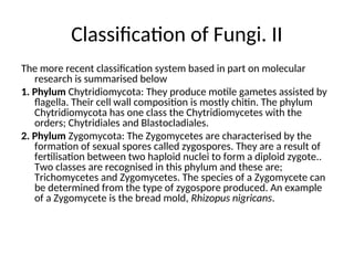 Classification of Fungi. II
The more recent classification system based in part on molecular
research is summarised below
1. Phylum Chytridiomycota: They produce motile gametes assisted by
flagella. Their cell wall composition is mostly chitin. The phylum
Chytridiomycota has one class the Chytridiomycetes with the
orders; Chytridiales and Blastocladiales.
2. Phylum Zygomycota: The Zygomycetes are characterised by the
formation of sexual spores called zygospores. They are a result of
fertilisation between two haploid nuclei to form a diploid zygote..
Two classes are recognised in this phylum and these are;
Trichomycetes and Zygomycetes. The species of a Zygomycete can
be determined from the type of zygospore produced. An example
of a Zygomycete is the bread mold, Rhizopus nigricans.
 