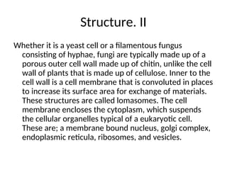 Structure. II
Whether it is a yeast cell or a filamentous fungus
consisting of hyphae, fungi are typically made up of a
porous outer cell wall made up of chitin, unlike the cell
wall of plants that is made up of cellulose. Inner to the
cell wall is a cell membrane that is convoluted in places
to increase its surface area for exchange of materials.
These structures are called lomasomes. The cell
membrane encloses the cytoplasm, which suspends
the cellular organelles typical of a eukaryotic cell.
These are; a membrane bound nucleus, golgi complex,
endoplasmic reticula, ribosomes, and vesicles.
 