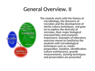 General Overview. II
The module starts with the history of
microbiology; the discovery of
microbes and the development of
sterile culture techniques, and goes
on to explore the diversity of
microbes, their major biological
characteristics and economic
importance. Examples of laboratory
exercises meant to familiarise the
students with microbiological
techniques such as, media
preparation, isolation, identification,
culture maintenance, growth
measurements, staining techniques
and preservation are presented
 