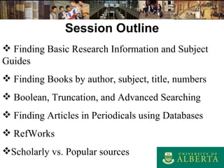 Session Outline Finding Basic Research Information  and Subject Guides Finding Books by author, subject, title, numbers Boolean ,  Truncation , and Advanced Searching Finding Articles in Periodicals using Databases RefWorks Scholarly vs. Popular sources 