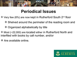 Periodical Issues Very few (6%) are now k ept in Rutherford South 2 nd  floor Shelved around the perimeter of the reading room and  Organized alphabetically by title Most ( ~22,000 ) are l ocated  either  in Rutherford North and interfiled with books by call number, and/or Are available online. 