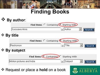 Finding Books By author : By title   By subject Request or place a  hold  on a book 