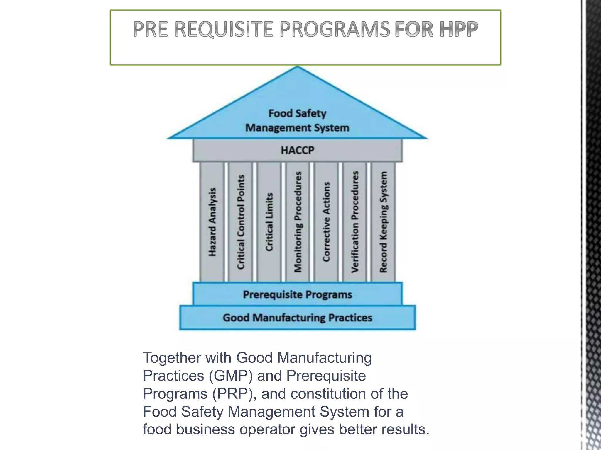 Together with Good Manufacturing
Practices (GMP) and Prerequisite
Programs (PRP), and constitution of the
Food Safety Management System for a
food business operator gives better results.
 