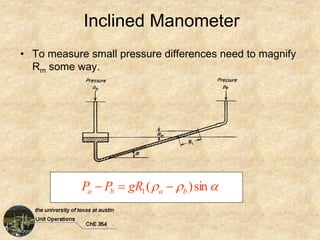 Inclined Manometer
• To measure small pressure differences need to magnify
Rm some way.


 sin
)
(
1 b
a
b
a gR
P
P 


 