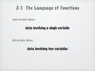 2-1 The Language of Functions
univariate data:
data involving a single variable
data involving two variables
bivariate data:
 