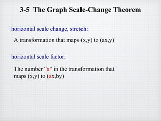 3-5 The Graph Scale-Change Theorem
horizontal scale change, stretch:
horizontal scale factor:
A transformation that maps (x,y) to (ax,y)
The number “a” in the transformation that
maps (x,y) to (ax,by)
 