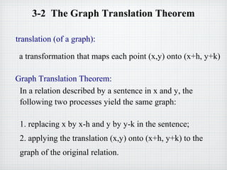 3-2 The Graph Translation Theorem
translation (of a graph):
a transformation that maps each point (x,y) onto (x+h, y+k)
Graph Translation Theorem:
In a relation described by a sentence in x and y, the
following two processes yield the same graph:
1. replacing x by x-h and y by y-k in the sentence;
2. applying the translation (x,y) onto (x+h, y+k) to the
graph of the original relation.
 