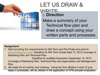 LET US DRAW &
WRITE Direction
Make a summary of your
Technical flow plan and
draw a concept using your
written parts and processes.
Assignment:
1. Start encoding the requirements for Mid Term and Pre Finals and send to
atiram40@yahoo.com- Deadline for Mid Term Grade Sept 12, 2013 coverage of
Marketing Plan and Technical Plan
Deadline for qualified Exemption September 14, 2013
Coverage of Marketing Plan, Technical Plan and organization and Management
Plan
2. Be ready for an activity next meeting. Using the time allotted in each of your
steps in processes, will be utilized in the application of CPM process evaluation.
 