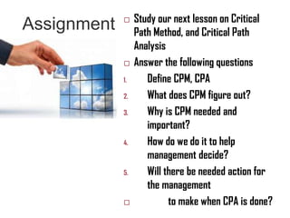 Assignment  Study our next lesson on Critical
Path Method, and Critical Path
Analysis
 Answer the following questions
1. Define CPM, CPA
2. What does CPM figure out?
3. Why is CPM needed and
important?
4. How do we do it to help
management decide?
5. Will there be needed action for
the management
 to make when CPA is done?
 