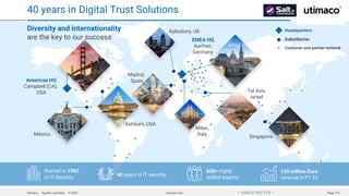 Utimaco · Aachen, Germany · © 2025 utimaco.com Page 114
 UNRESTRICTED 
Ashburn, USA
Americas HQ
Campbell (CA),
USA
Singapore
Aylesbury, UK
Milan,
Italy
Madrid,
Spain
México
EMEA HQ
Aachen,
Germany
Tel Aviv,
Israel
40 years in IT security
in IT Security
Started in 1983 600+ highly
skilled experts
130 million Euro
revenue in FY 23
Diversity and internationality
are the key to our success
Headquarters
Subsidiaries
Customer and partner network
40 years in Digital Trust Solutions
 