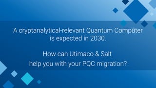 A cryptanalytical-relevant Quantum Computer
is expected in 2030.
How can Utimaco & Salt
help you with your PQC migration?
 