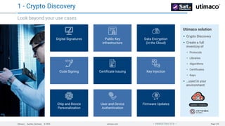 Utimaco · Aachen, Germany · © 2025 utimaco.com Page 125
 UNRESTRICTED 
1 - Crypto Discovery
Look beyond your use cases
Utimaco solution
Crypto Discovery
Create a full
inventory of
Protocols​
Libraries​
Algorithms​
Certificates​
Keys
…used in your
environment
Digital Signatures
Key Injection
Data Encryption
(in the Cloud)
Code Signing Certificate Issuing
Public Key
Infrastructure
Chip and Device
Personalization
User and Device
Authentication
Firmware Updates AgileSec | Analytics
 