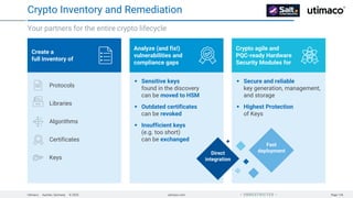 Utimaco · Aachen, Germany · © 2025 utimaco.com Page 126
 UNRESTRICTED 
Your partners for the entire crypto lifecycle
Crypto Inventory and Remediation
Protocols
Libraries
Algorithms
Certificates
Keys
Sensitive keys
found in the discovery
can be moved to HSM
Outdated certificates
can be revoked
Insufficient keys
(e.g. too short)
can be exchanged
Secure and reliable
key generation, management,
and storage
Highest Protection
of Keys
Create a
full inventory of
Analyze (and fix!)
vulnerabilities and
compliance gaps
Crypto agile and
PQC-ready Hardware
Security Modules for
Direct
integration
Fast
deployment
 