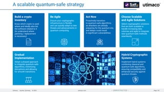 Utimaco · Aachen, Germany · © 2025 utimaco.com Page 132
 UNRESTRICTED 
A scalable quantum-safe strategy
Build a crypto
inventory
Know which crypto is used
where and ideally also list
the software related to it
(to understand where
patching / replacement
is necessary)
Be Agile
Ensure your cryptographic
infrastructure is flexible
and can quickly adapt to new
threats and advancements in
quantum computing.
Act Now
Proactively transition
to quantum-safe algorithms
as attackers are already
preparing for the quantum era,
and delays could result
in significant vulnerabilities.
Choose Scalable
and Agile Solutions
Select cryptographic solutions
that are both scalable to
handle increasing data
volumes and agile to integrate
new quantum-safe methods
seamlessly.
Gradual
Implementation
Adopt a phased approach
to integrate quantum-safe
algorithms, minimizing
disruptions and allowing
for smooth transitions.
Hybrid Cryptographic
Systems
Implement hybrid systems
combining classical and
quantum-safe algorithms,
ensuring compatibility and
enhanced security against
quantum threats.
 