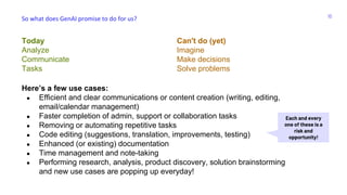 Here’s a few use cases:
● Efficient and clear communications or content creation (writing, editing,
email/calendar management)
● Faster completion of admin, support or collaboration tasks
● Removing or automating repetitive tasks
● Code editing (suggestions, translation, improvements, testing)
● Enhanced (or existing) documentation
● Time management and note-taking
● Performing research, analysis, product discovery, solution brainstorming
and new use cases are popping up everyday!
So what does GenAI promise to do for us? 16
Each and every
one of these is a
risk and
opportunity!
Today
Analyze
Communicate
Tasks
Can't do (yet)
Imagine
Make decisions
Solve problems
 