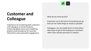 Customer and
Colleague
Importance of considering both customers
and colleagues in transformations,
enhancing digital access and simplifying
products and procedures for seamless
interactions and sustainable engagement.
What do we mean by this?
Customers are at the heart of everything we do,
how can we make things as simple as possible.
Colleagues, can we enable them to have better
data faster to get to the helping our customers
rather than wrestle processes or systems.
 