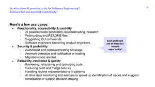 Here’s a few use cases:
● Functionality, accessibility & usability
○ AI powered code generation, troubleshooting, research
○ Writing docs and README files
○ Suggesting CLI commands
○ Software engineers becoming product engineers
● Security & portability
○ Automated and increased testing coverage
○ Anomaly detection and notification or healing
○ Migration code rewrites
● Reliability, resilience & quality
○ Reviewing, refactoring and optimizing code
○ Reducing build and merge failures
○ Handling routine implementations or patterns
○ AI drive data monitoring and analysis to speed up identification of issues and suggest
remediation or support decision-making
So what does AI promise to do for Software Engineering?
Reduced toil and boosted productivity!
19
Each and every
one of these is a
risk and
opportunity!
 