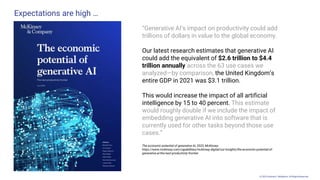 © 2025 Andrew P. McMahon. All Rights Reserved.
Expectations are high …
“Generative AI’s impact on productivity could add
trillions of dollars in value to the global economy.
Our latest research estimates that generative AI
could add the equivalent of $2.6 trillion to $4.4
trillion annually across the 63 use cases we
analyzed—by comparison, the United Kingdom’s
entire GDP in 2021 was $3.1 trillion.
This would increase the impact of all artificial
intelligence by 15 to 40 percent. This estimate
would roughly double if we include the impact of
embedding generative AI into software that is
currently used for other tasks beyond those use
cases.”
The economic potential of generative AI, 2023, McKinsey:
https://www.mckinsey.com/capabilities/mckinsey-digital/our-insights/the-economic-potential-of-
generative-ai-the-next-productivity-frontier
 