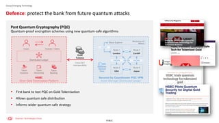 PUBLIC
Group Emerging Technology
Post Quantum Cryptography (PQC)
Quantum-proof encryption schemes using new quantum-safe algorithms
Defence: protect the bank from future quantum attacks
▪ First bank to test PQC on Gold Tokenisation
▪ Allows quantum safe distribution
▪ Informs wider quantum-safe strategy
 