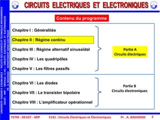 FSTM : DEUST - MIP E141 : Circuits Électriques et Électroniques Pr . A. BAGHDAD 2
Contenu du programme
Chapitre I : Généralités
Chapitre II : Régime continu
Chapitre III : Régime alternatif sinusoïdal
Chapitre IV : Les quadripôles
Chapitre V : Les filtres passifs
Chapitre VI : Les diodes
Chapitre VII : Le transistor bipolaire
Chapitre VIII : L’amplificateur opérationnel
Partie A
Circuits électriques
Partie B
Circuits électroniques
UNIVERSITEHASSANIICASABLANCA–FACULTEDESSCIENCESETTECHNIQUESMOHAMMEDIA
DEUST-MIP–MODULE:E141–CIRCUITSÉLECTRIQUESETÉLECTRONIQUES
PR.A.BAGHDAD-DEPARTEMENTGENIEELECTRIQUE
 