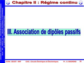 FSTM : DEUST - MIP
UNIVERSITEHASSANIICASABLANCA–FACULTEDESSCIENCESETTECHNIQUESMOHAMMEDIA
DEUST-MIP–MODULE:GE141–CIRCUITSÉLECTRIQUESETÉLECTRONIQUES
PR.A.BAGHDAD-DEPARTEMENTGENIEELECTRIQUE
Pr . A. BAGHDAD 26E141 : Circuits Électriques et Électroniques
 