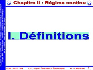 FSTM : DEUST - MIP
UNIVERSITEHASSANIICASABLANCA–FACULTEDESSCIENCESETTECHNIQUESMOHAMMEDIA
DEUST-MIP–MODULE:GE141–CIRCUITSÉLECTRIQUESETÉLECTRONIQUES
PR.A.BAGHDAD-DEPARTEMENTGENIEELECTRIQUE
Pr . A. BAGHDAD 5E141 : Circuits Électriques et Électroniques
 