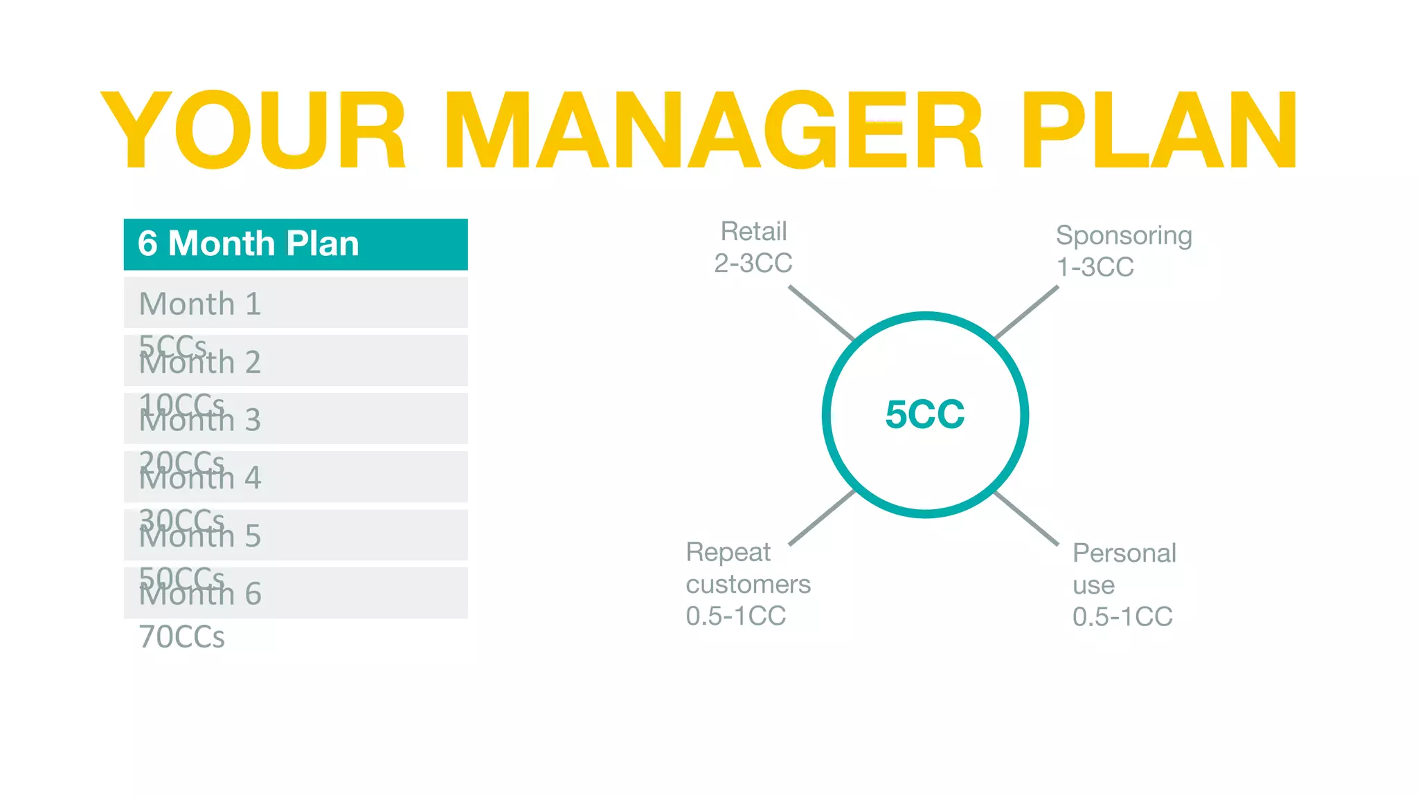 YOUR MANAGER PLAN
Retail
2-3CC
Sponsoring
1-3CC
Repeat
customers
0.5-1CC
Personal
use
0.5-1CC
5CC
6 Month Plan
Month 1
5CCs
Month 2
10CCs
Month 3
20CCs
Month 4
30CCs
Month 5
50CCs
Month 6
70CCs
 