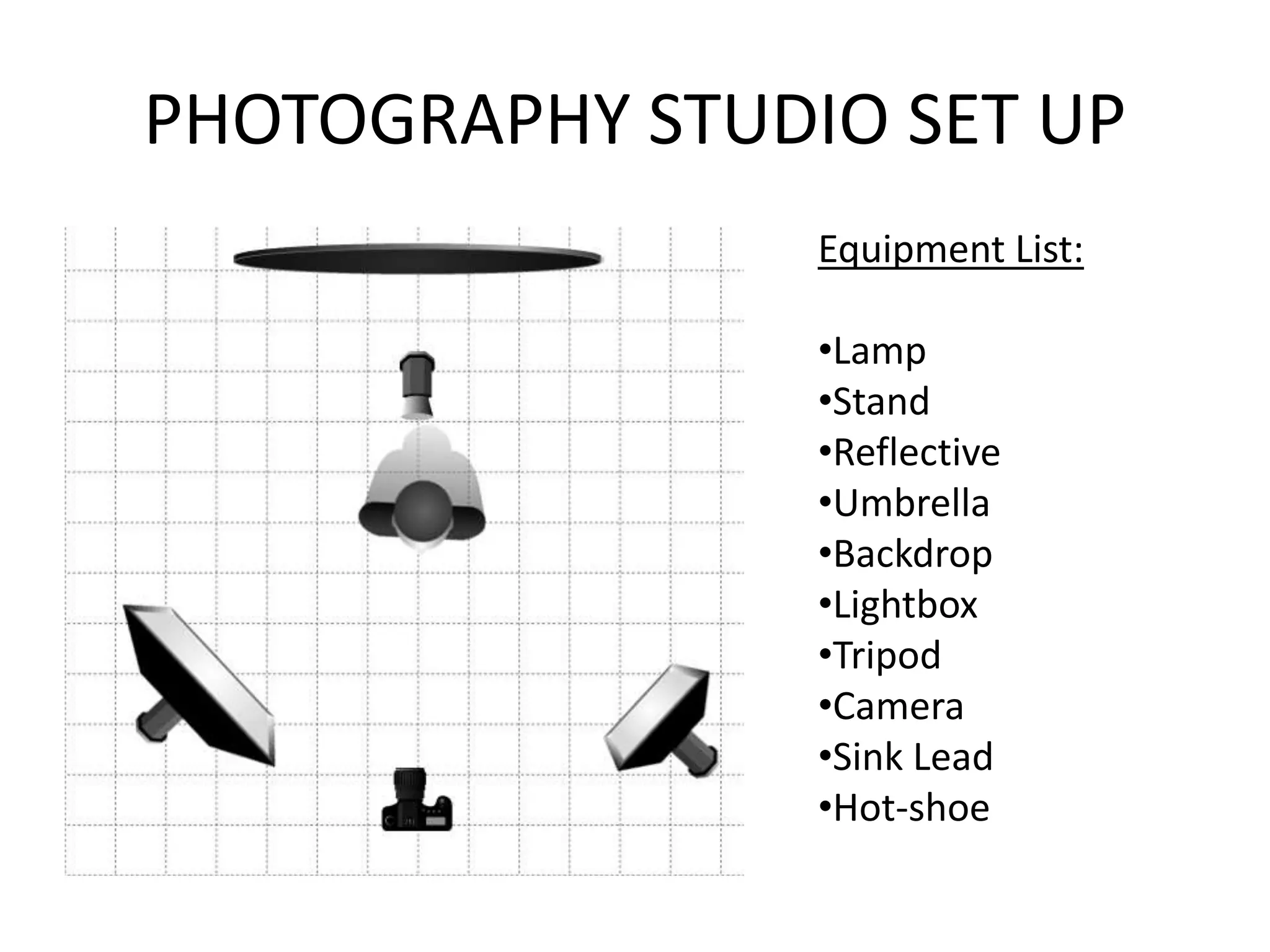 PHOTOGRAPHY STUDIO SET UP
Equipment List:
•Lamp
•Stand
•Reflective
•Umbrella
•Backdrop
•Lightbox
•Tripod
•Camera
•Sink Lead
•Hot-shoe
 