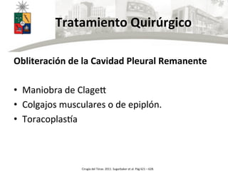  	
  	
  	
  	
  	
  Tratamiento	
  Quirúrgico	
  
Obliteración	
  de	
  la	
  Cavidad	
  Pleural	
  Remanente	
  
	
  
•  Maniobra	
  de	
  Clagem	
  
•  Colgajos	
  musculares	
  o	
  de	
  epiplón.	
  
•  Toracoplasna	
  
Cirugía	
  del	
  Tórax.	
  2011.	
  Sugarbaker	
  et	
  al.	
  Pág	
  621	
  –	
  628.	
  
 