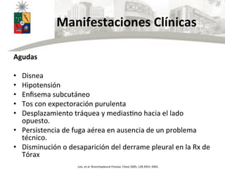  	
  	
  	
  	
  	
  	
  	
  	
  Manifestaciones	
  Clínicas	
  
Agudas	
  
	
  
•  Disnea	
  
•  Hipotensión	
  
•  Enﬁsema	
  subcutáneo	
  
•  Tos	
  con	
  expectoración	
  purulenta	
  
•  Desplazamiento	
  tráquea	
  y	
  mediasUno	
  hacia	
  el	
  lado	
  
opuesto.	
  
•  Persistencia	
  de	
  fuga	
  aérea	
  en	
  ausencia	
  de	
  un	
  problema	
  
técnico.	
  
•  Disminución	
  o	
  desaparición	
  del	
  derrame	
  pleural	
  en	
  la	
  Rx	
  de	
  
Tórax	
  
Lois,	
  et	
  al.	
  Bronchopleural	
  Fistulas.	
  Chest	
  2005;	
  128:3955–3965.	
  
 