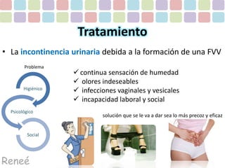 Tratamiento 
• La incontinencia urinaria debida a la formación de una FVV 
Higiénico 
Psicológico 
Social 
 continua sensación de humedad 
 olores indeseables 
 infecciones vaginales y vesicales 
 incapacidad laboral y social 
Problema 
Reneé 
solución que se le va a dar sea lo más precoz y eficaz 
 