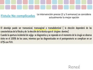 La intervención precoz (2 y 3 semanas) se considera 
actualmente la mejor opción Fistula No complicadas 
Reneé 
 