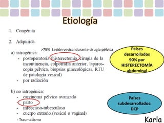 Etiología 
Karla 
Países 
desarrollados 
90% por 
HISTERECTOMÍA 
abdominal 
Países 
subdesarrollados: 
DCP 
- Traumatismo 
>75% Lesión vesical durante cirugía pélvica 
 