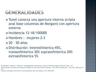  Tunel conecta una apertura interna (cripta
anal base columnas de Morgani) con apertura
externa
 Incidencia 12-18/100000
 Hombres : mujeres 2:3
 20 – 50 años
 Distribución: interesfinterica 45%,
transesfinterica 30% supraesfinterica 20%
extraesfinterica 5%
Feldman, Sleisenger and Fordtran’s Gastrointestinal and Liver Disease, 9ª ed, 2266-2269
Gordon Santhat, Principles and Practice of Surgery for the Colon, Rectum and Anus, 3ª ed, Informa Healthcare, , New York, 2007 pag 191 -
219
De Paredes V. Zeltoun J. Atlenza P. Cryptoglandular anal fistula, Journal of Visceral Surgery, 2010 (147) 203 - 215
 