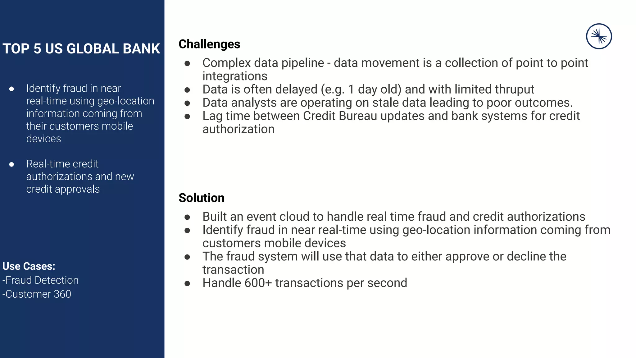 TOP 5 US GLOBAL BANK
● Identify fraud in near
real-time using geo-location
information coming from
their customers mobile
devices
● Real-time credit
authorizations and new
credit approvals
Use Cases:
-Fraud Detection
-Customer 360
Challenges
● Complex data pipeline - data movement is a collection of point to point
integrations
● Data is often delayed (e.g. 1 day old) and with limited thruput
● Data analysts are operating on stale data leading to poor outcomes.
● Lag time between Credit Bureau updates and bank systems for credit
authorization
Solution
● Built an event cloud to handle real time fraud and credit authorizations
● Identify fraud in near real-time using geo-location information coming from
customers mobile devices
● The fraud system will use that data to either approve or decline the
transaction
● Handle 600+ transactions per second
 