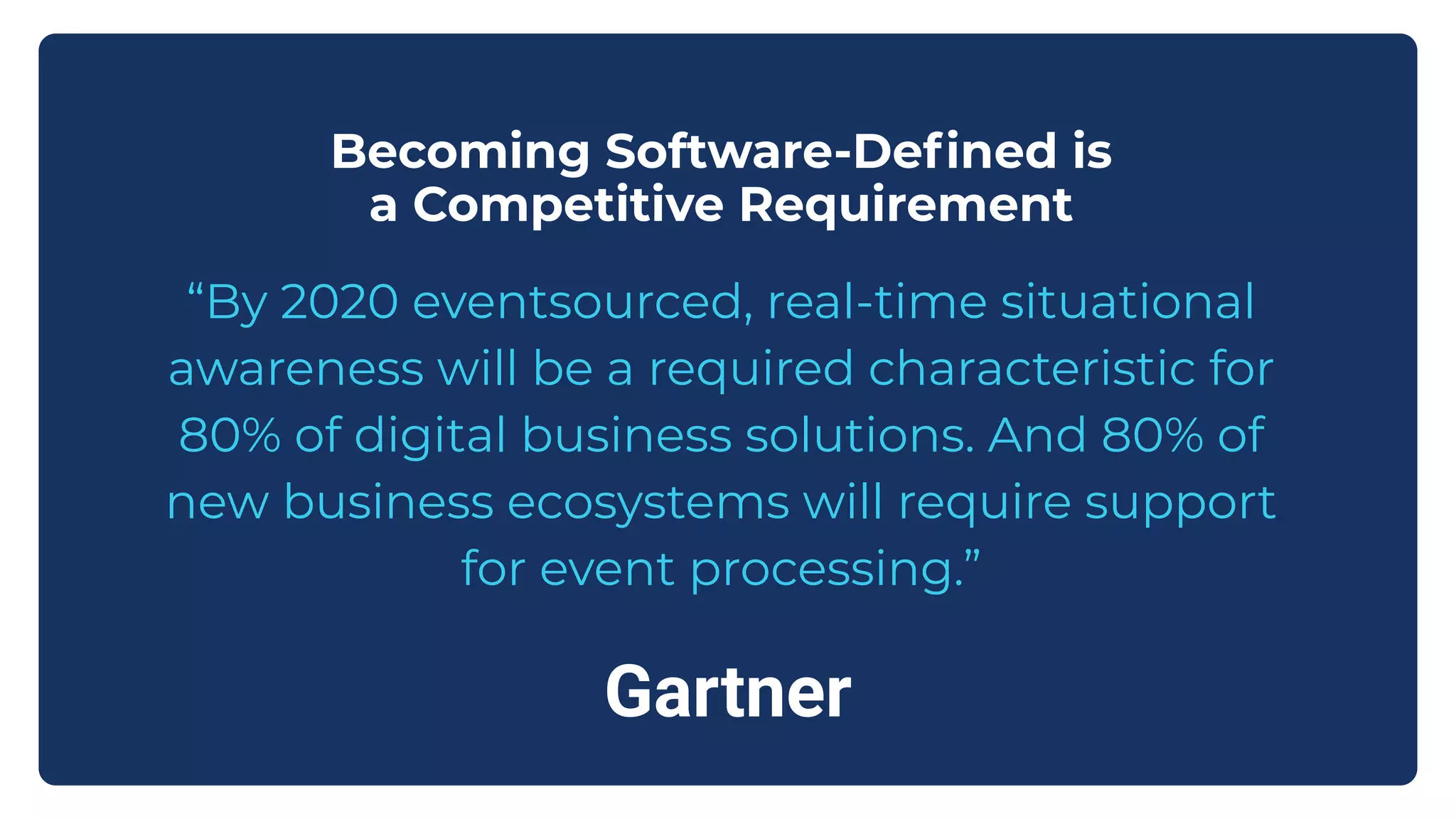 Gartner
Becoming Software-Deﬁned is
a Competitive Requirement
“By 2020 eventsourced, real-time situational
awareness will be a required characteristic for
80% of digital business solutions. And 80% of
new business ecosystems will require support
for event processing.”
 