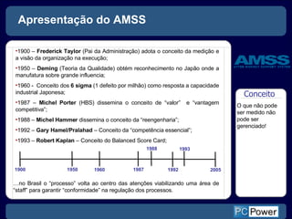 … no Brasil o “processo” volta ao centro das atenções viabilizando uma área de “staff” para garantir “conformidade” na regulação dos processos.  1900 –  Frederick Taylor  (Pai da Administração) adota o conceito da medição e a visão da organização na execução; 1950 –  Deming  (Teoria da Qualidade) obtém reconhecimento no Japão onde a manufatura sobre grande influencia; 1960 -  Conceito dos  6 sigma  (1 defeito por milhão) como resposta a capacidade industrial Japonesa; 1987 –  Michel Porter  (HBS) dissemina o conceito de “valor”  e “vantagem competitiva”; 1988 –  Michel Hammer  dissemina o conceito da “reengenharia”; 1992 –  Gary Hamel/Pralahad  – Conceito da “competência essencial”; 1993 –  Robert Kaplan  – Conceito do Balanced Score Card; Conceito  O que não pode ser medido não pode ser gerenciado! Apresentação do AMSS 1900 1950 1960 1987 1992 1993 1988 2005 