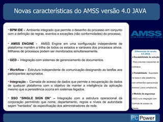 Novas características do AMSS versão  4.0  JAVA BPM IDE -  Ambiente integrado que permite o desenho do processo em conjunto com a definição de regras, eventos e exceções (não conformidades) do processo.  AMSS ENGINE -  AMSS Engine em uma configuração independente de plataforma mantêm a trilha de todos os estados e variáveis dos processos ativos. Milhares de processos podem ser monitorados simultaneamente. Workflow -  Estrutura independente de comunicação designando as tarefas aos participantes apropriados. Integração -  Camada de acesso de dados que permite a recuperação de dados de qualquer plataforma com o objetivo de manter a inteligência da aplicação mesmo que a persistência ocorra em sistemas legados.  SSO “SINGLE SIGN ON” –  Integração com a estrutura operacional da corporação permitindo que nome, departamento, regras e níveis de autoridade sejam “herdados” da especificação dos administradores de rede. GED -  Integração com sistemas de gerenciamento de documentos. Diferenciais da versão 4.0 JAVA Escalabilidade da solução  - Para volumes crescentes de contratos; Portabilidade  - Suportado na baixa e alta plataforma com ambientes operacionais diversos (Java compliance);  Modulo de segurança  (SSO) ou / e integração com  C ontrole de acesso do Cliente. 