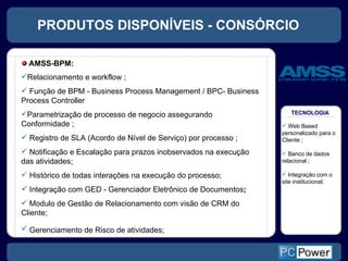 PRODUTOS DISPONÍVEIS - CONSÓRCIO Relacionamento e workflow   ; Função de BPM - Business P rocess  M anagement /  BPC- Business Process Controller   Parametrização de processo de negocio assegurando Conformidade   ; Registro de SLA (Acordo de Nível de Serviço) por processo   ; Notificação e Escalação para prazos inobservados na execução das atividades; Histórico de todas interações na execução do processo; Integração com GED - Gerenciador Eletrônico de Documentos ; Modulo de Gestão de Relacionamento com visão de CRM do Cliente; Gerenciamento de Risco de atividades;   AMSS-BPM: TECNOLOGIA Web Based personalizado para o Cliente ; Banco de dados relacional ; Integração com o site institucional; 