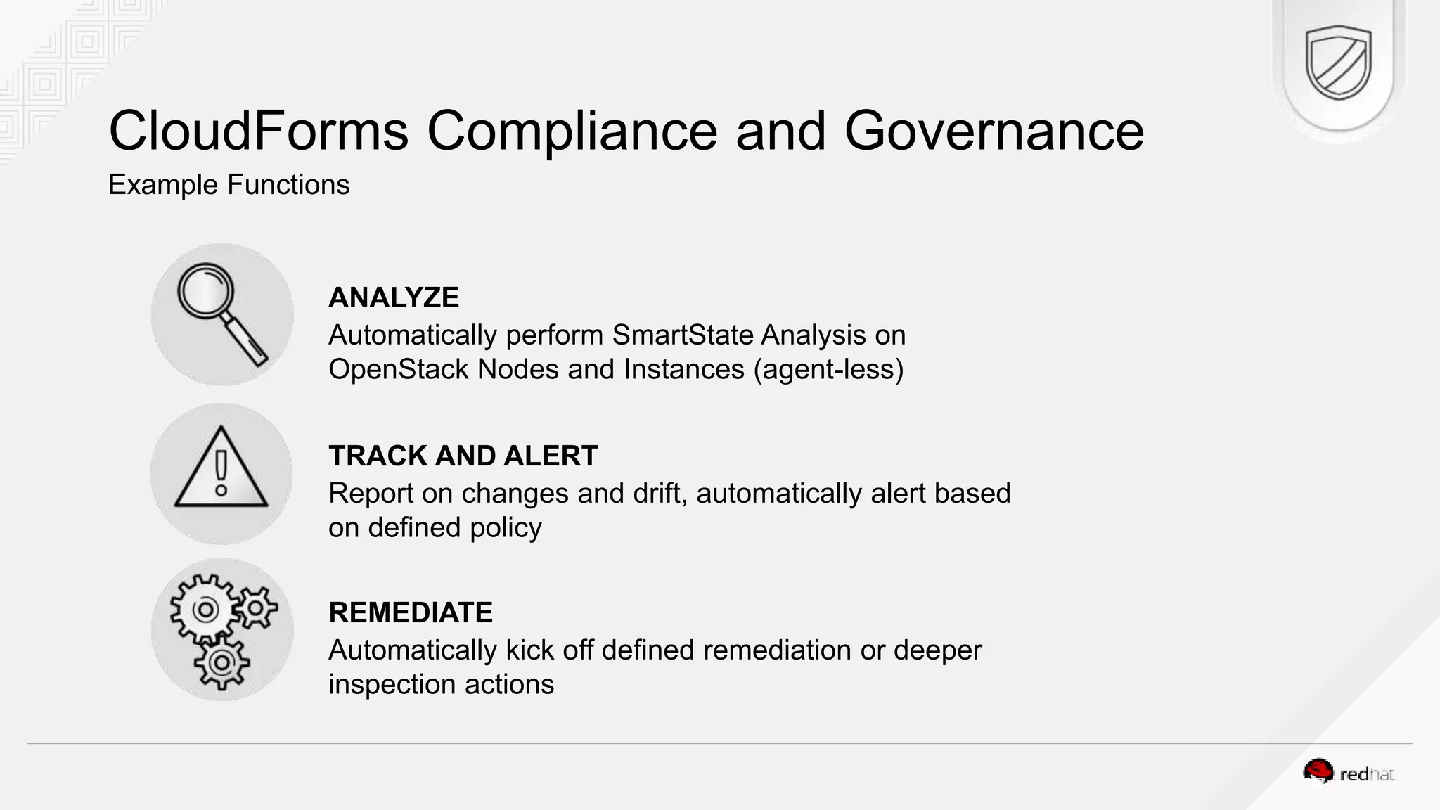 CloudForms Compliance and Governance ANALYZE Automatically perform SmartState Analysis on OpenStack Nodes and Instances (agent-less) TRACK AND ALERT Report on changes and drift, automatically alert based on defined policy REMEDIATE Automatically kick off defined remediation or deeper inspection actions Example Functions 