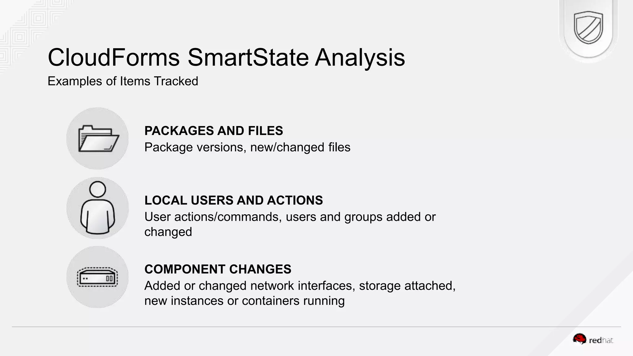 CloudForms SmartState Analysis Examples of Items Tracked PACKAGES AND FILES Package versions, new/changed files LOCAL USERS AND ACTIONS User actions/commands, users and groups added or changed COMPONENT CHANGES Added or changed network interfaces, storage attached, new instances or containers running 